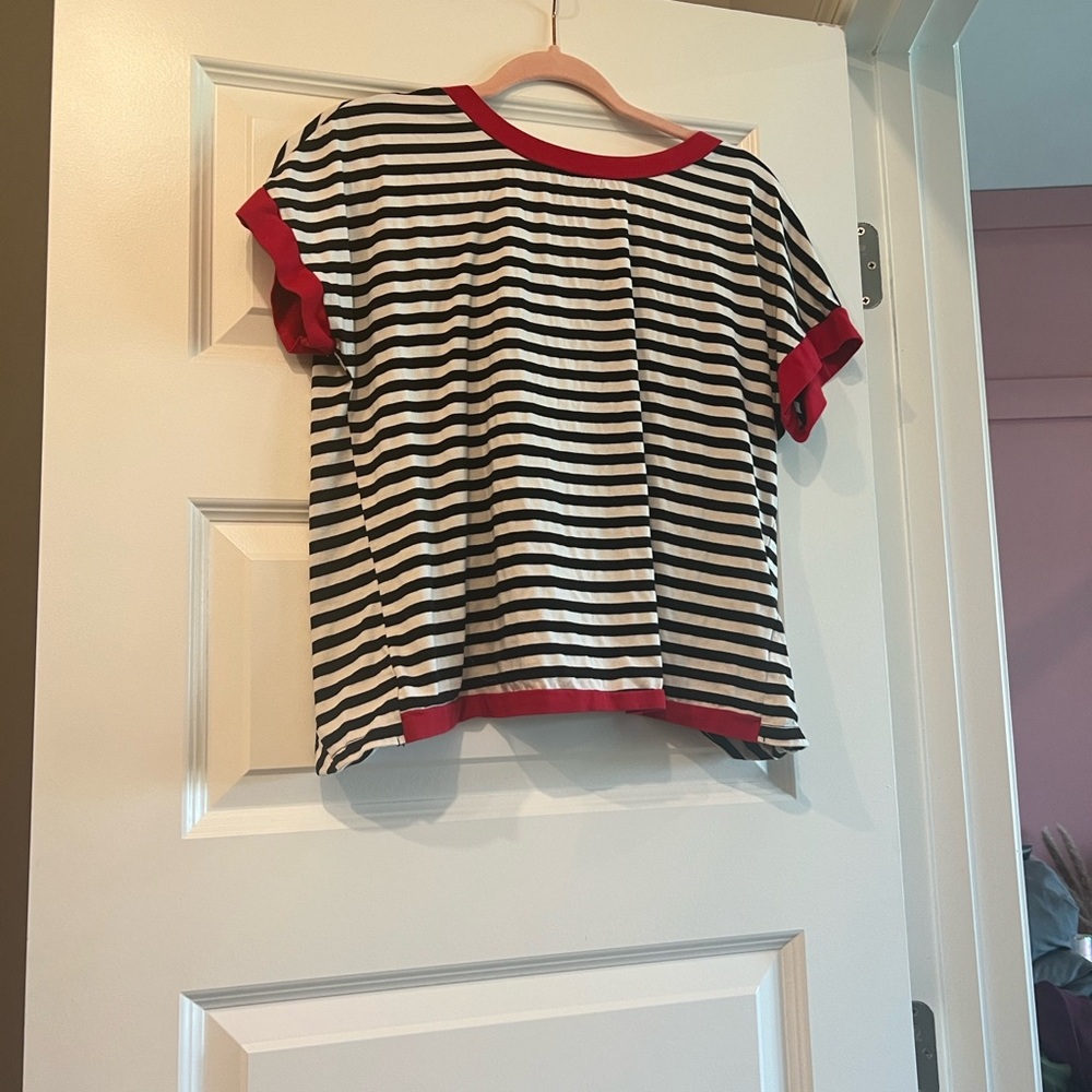 Women's Black & White Striped Short Sleeve Tee with Pink Trim - Picture 3 of 15